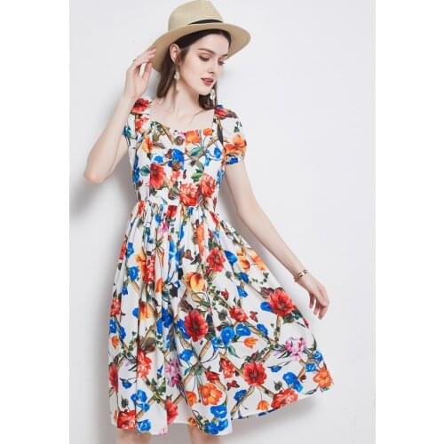 Summer Runway Puff Sleeve Dress Women Beach Boho Petel Beading Buttons Backless Flower Print Short Dress k5107