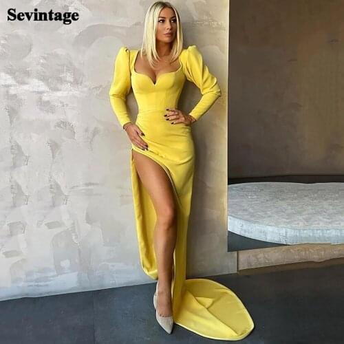 Sevintage Yellow Mermaid Matt Satin Evening Dresses Long Sleeves Sexy High Slit Prom Dress Custom Made Formal Women Party Gowns