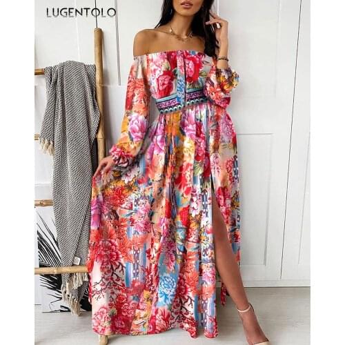Party Women Dress Vintage Big Swing Maxi Dresses Print O-neck Casual Hem Slit Vacation Ladies Dress Lugentolo