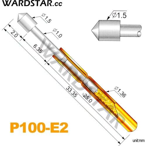 100pcs/lot P100-E2 Dia 1.5mm Spring Test Probes Pogo Pin Length 33.35mm (Stroke Spring Froce:180g) Wholesale