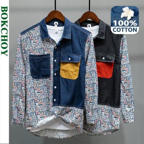 2021 Spring New Men Patch Pocket Denim Shirt Cotton Long Sleeve Print Button Up 1227