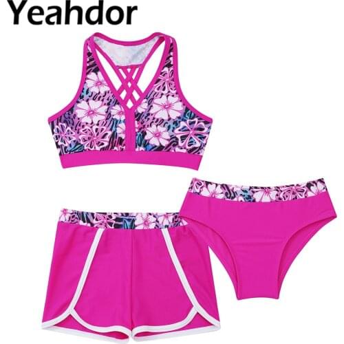 3Pcs Kids Girls Summer Swimwear V Neck Sleeveless Open Back Crop Tops with Briefs and Shorts Set Beach Swimming Bathing Suit