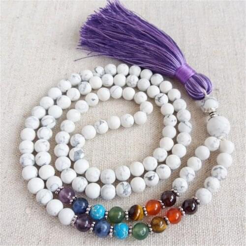 6mm 7 Chakra Howlite 108 Beads Handmade Tassel Necklace Meditation Classic Religious Spirituality Chakra Retro Wristband