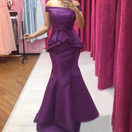 Grape Purple Satin Mother of the Bride Dress Off the Shoulder Bow Belt Mermaid Formal Occasion Lady Evening Wedding Party Gown