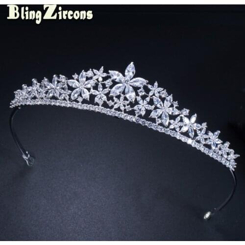 BeaQueen Luxurious Queen Tiara Crown Cubic Zirconia Bridal Wedding Hair Jewelry Accessories for Women Headdress Prom H001