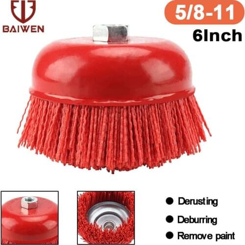 1pc 6 Inch Cup Nylon Abrasive Brush Wheels 5/8''-11 Nut Pile Polymer-abrasive Angle Grinder Drill Rotary Tool Wood Polishing