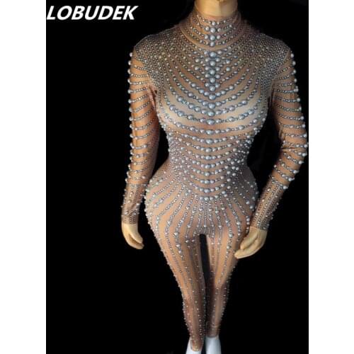 2 Color High Elastic White Pearls Crystals Jumpsuit Female Nightclub Costume Sexy DJ Singer Bar Party Show Stage Dance Outfit