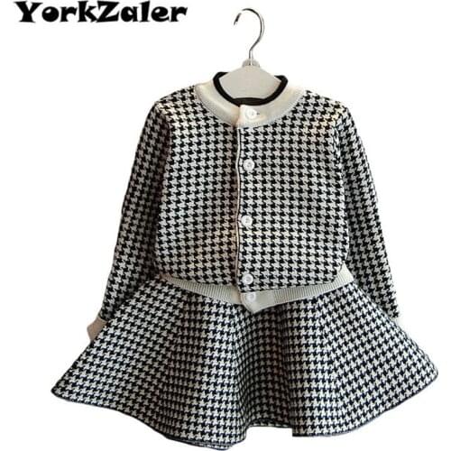YorkZaler Girls Clothes Set Autumn 2PCS/set Girls Houndstooth Knitted Suits Long Sleeve Plaid Jackets + Skits Drop Shipping