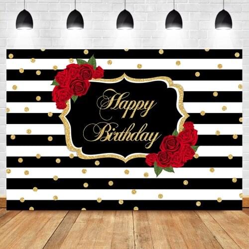 NeoBack Red Rose Happy Birthday Backdrop Stripes Dots Birthday Photography Background Women Birthday Party Banner Backdrops