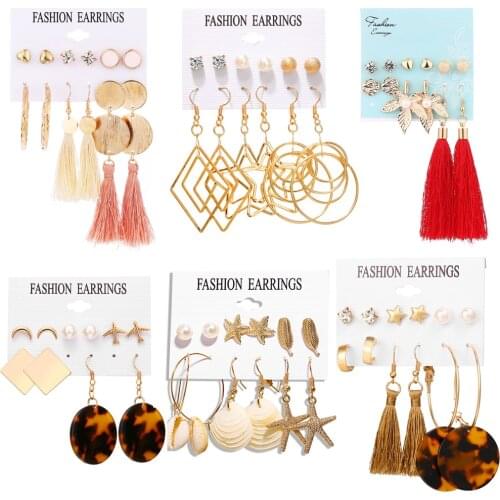 HOCOLE Bohemian Gold Acrylic Dangle Earring Set For Women Geometric Leopard Print Resin Tassel Earrings Statement Trendy Jewelry