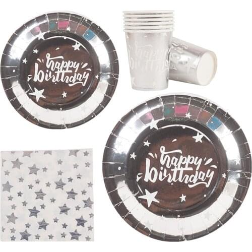 Black White Silver Star Disposable Tableware Paper Plates Cups Straw For Baby Shower Decor Kids Birthday Party Wedding Supplies