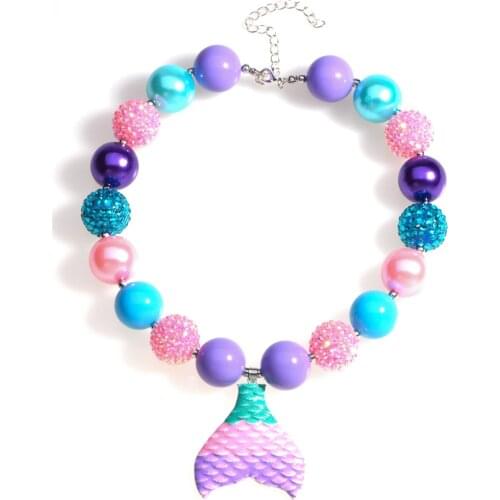 Mermaid Tail Pendant Chunky Bead Necklace Girls Bubblegum Necklace Handmade Toddler Necklace Party Favors Birthday Gift for Kids