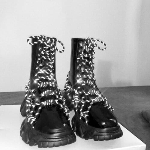 Sexy Black Patent Leather Sexy Boots Women Reflective Lace-up Casual Ankle Boots Thick Bottom Botas Mujer Winter Botines Mujer