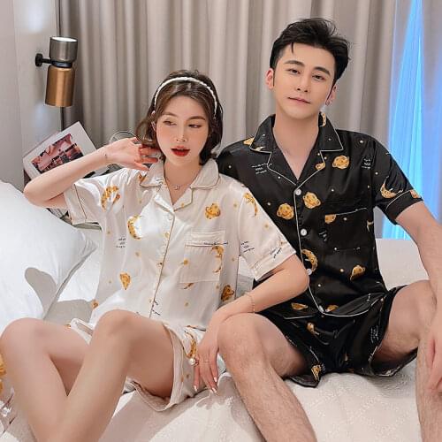 2020 Couple Pajama Set Summer Pyjama Femme Male Silk Stain Short Sleeved Men Women Sleepwear Stich Pijama Casual Lover Home Wear
