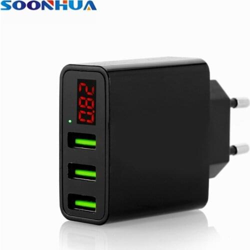 SOONHUA Portable 3 USB Universal Quick Charging Adapter Globe Voltage Digital Display Charger With EU US Plug For iPhone Samsung