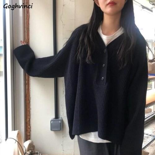 Women Pullovers Solid Loose Sweater V-neck Buttons Knitted Korean Style Elegant Casual Simple Fashion Ulzzang Female Outwear INS