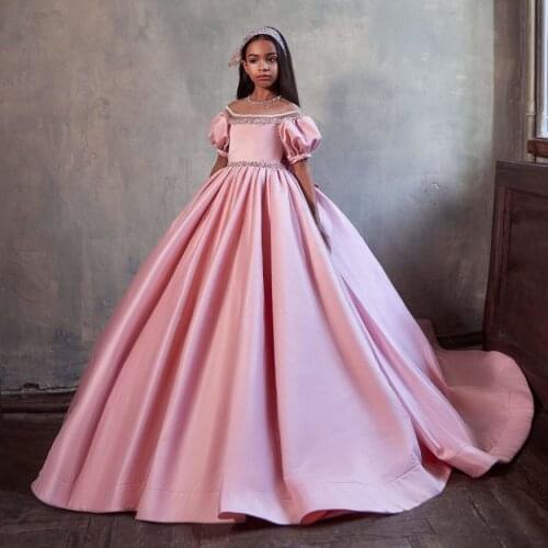 Luxury Pink Flower Girl Dresses Jewel Neck Beads Ball Pageant Dresses 2021 Toddler Infant Clothes Little Girls Birthday Gowns