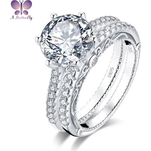Luxury 925 Sterling Silver 3Ct Round Cut Shiny SONA Simulation Diamond Girl Wedding Engagement Ring Set