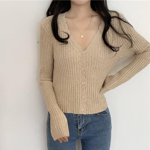 2021 New Spring Autumn Korean Casual Long Sleeve V Neck Sweaters Slim Soild Basic All Match Knitted Femme Cardigan Woman Tops