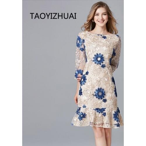 TAOYIZHUAI autumn new arrival high street style flower print lace dress three quarter above knee luxury party dress 14226
