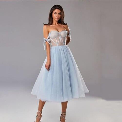 Tea Length Off Shoulder Prom Dress A Line Sweetheart Elegant Sleeveless Tulle Formal Party Gowns