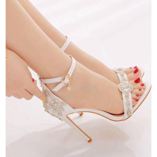 Wedding Shoes For Women Bride White Pumps High Heels Buckle Strap Ankle Strap Crystal Thin Heels Handmade Sandals Women Shoe
