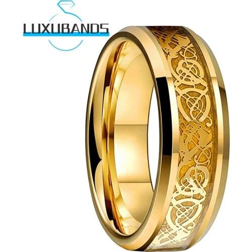 Tungsten Wedding Rings 8MM For Women Men Beveled Edges Gold Dragon Wood Inlay Polished Finished Comfort Fit
