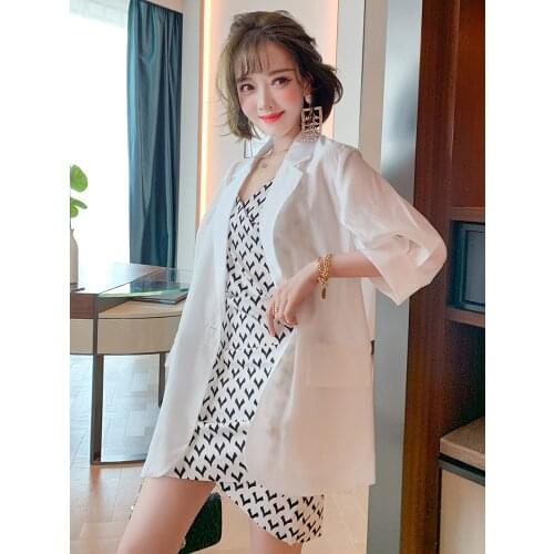 Top Quality Loose thin suit coat+printing V-neck Two piece suspender dress