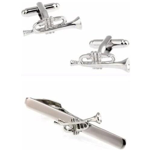 Trumpet Cufflinks&Tie Clip Set Cuff links+Tie Clips Pin Bar Sets Trombone Cuff Button And Tie Bar Set Mens Jewelry 5 Sets/lot