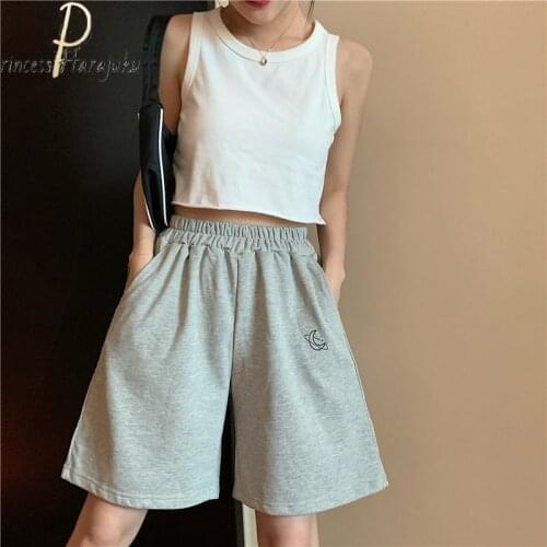 Women Summer Loose Wide-leg Harajuku Casual Simple All-match Black Large Size Flowers And Letters Short Embroidery Женские Штаны