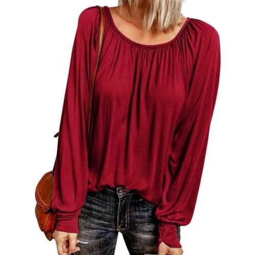 Women Loose Top 2021 Long Sleeve Solid Color Women Blouse Autumn Winter O-Neck Pleated Loose Pullover Top Streetwear