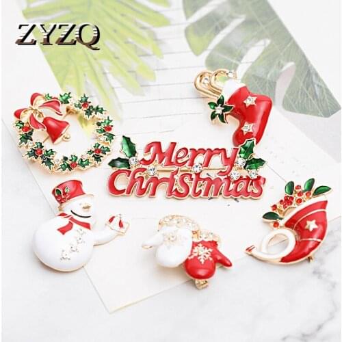 ZYZQ New Arrival Xmas Rnaments Metal Snowman Santa Tree Bells Brooch For Women Fashion Brooches And Pins Scarf Clip Jewelry