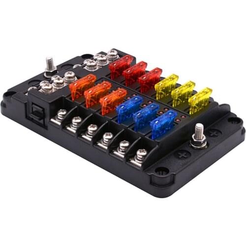 12 Way Blade Fuse Block with ATC/ATO Fuse Box Holder LED Warning Indicator Damp-Proof Cover for Car Boat Marine RV Truck