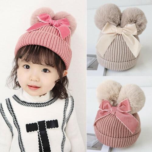 2 Colors Cute Baby Girls Winter Warm Knit Beanie Hat Kids Faux Fur Pom Bobble Ski Skull Cap