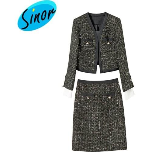 20102713 new tweed Beaded cardigan coat skirt two piece fashion suit