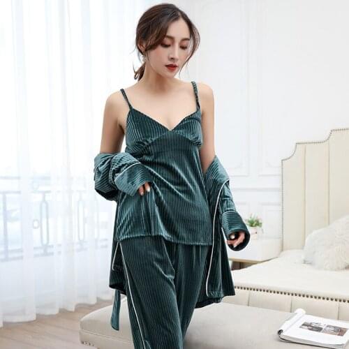3pcs Sleep Set Home Clothing Green Women Pajamas Suit Velour Nightwear Intimate Lingerie Autumn New Casual Pyjamas Sleepwear