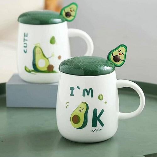 420ML Funny Avocado Coffee Cup Eat Resistant Mug Cups With Lid Spoon Ceramic Cute Mug Kids Office Home Drinkware Gift