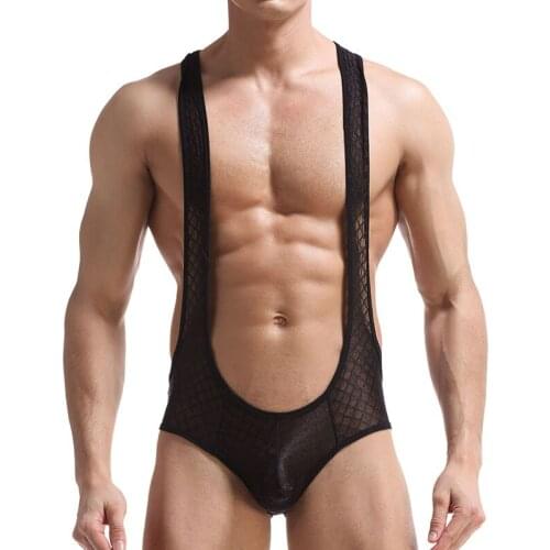 Sexy Men Bodysuit Bodywear Underwear Sissy Panties Mesh Teddies Jumpsuits Suspender Gay Mens Wrestling Singlet Leotard Underwear