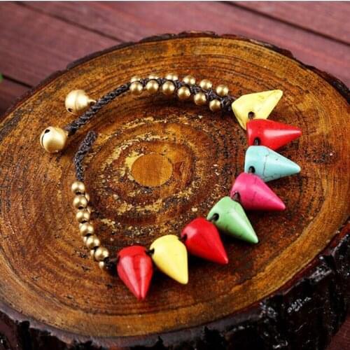 Bohemian Ethnic Style Retro Conical Semi-precious Stones Womens Bracelet Wax Rope Hand-woven Beach Style Creative Female Bangle