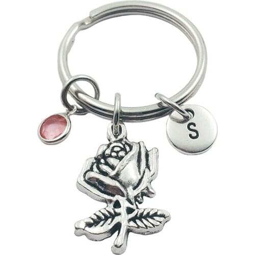 Rose Vintage Initial Letter Monogram Birthstone Keychains Keyring Creative Fashion Jewelry Women Gifts Accessories Pendant
