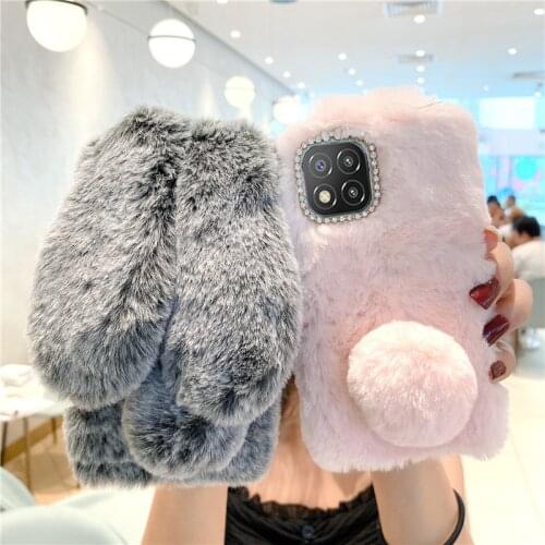 Fluffy Rabbit Phone Case On Redmi 9C 9A 9AT 9T Note 4 5 6 7 8 9 Bunny Plush Silicone cover For Xiaomi Mi 10T lite F2 Pro POCO X3