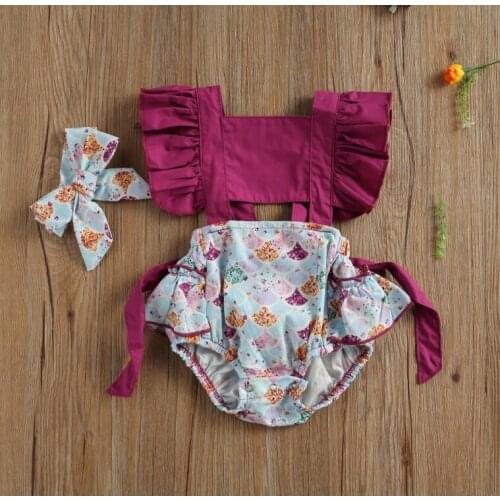 Baby Romper with Headband Print Square Collar Fly Sleeve Bodysuit+ Hair Band for Girls 0-24 Months
