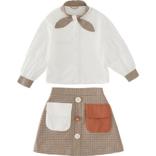 DFXD Autumn Girl Clothing Set Kids Fashion Long Sleeve Blouse+Double Pockets Plaid Skirt 2pc Princess Costume Girls Elegant Suit
