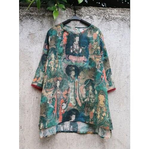 Pure Ramie Digital Printing Buddha Chinese Style Zen Literary Buckle Top T-Shirt Blouse