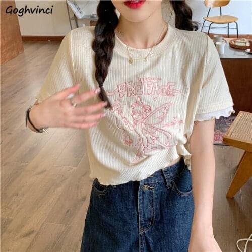 Embroidery T-shirts Women Sweet Short Sleeve Tees Girls Fairy Slim Crop Top Fungus Cartoon Cute Students Leisure Summer Clothes