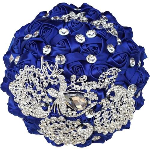 Hot Sale Royal Blue Pearl Rhinestones Bride Bridesmaid Brooch Bouquets Satin Rose Bouquets, Wedding Supplies BL001