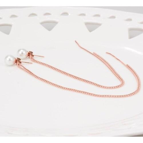 Hyperbole Long Earrings For Woman Jewelry White Simulate-pearl Long Chains Line Tassel Earring Rose Gold Color Stainless Steel