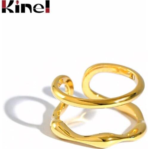 Kinel Real 925 Sterling Silver Jewelry Double Layer Adjustable 18K Gold Rings for Women Concave Convex Irregular Silver Ring