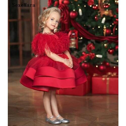 Red Puffy Baby Girls Dress Feather Neck Princess Gown Infant 1 Year Birthday Dress Christmas Party Dress Little Girl Clothes
