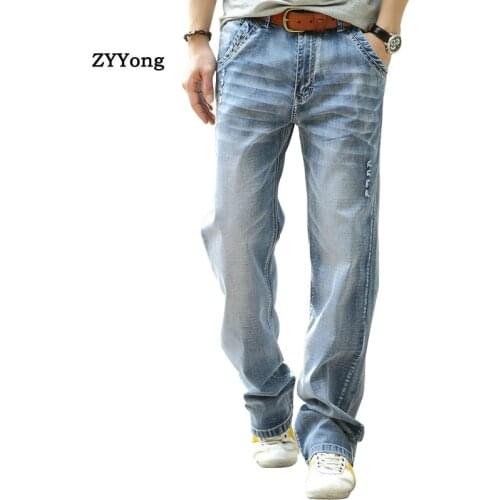 Summer Thin Section Men Jeans Straight Breathable Elastic Loose Baggy Harem Hip Hop Denim Pants Cotton Blue Wide Leg Trousers